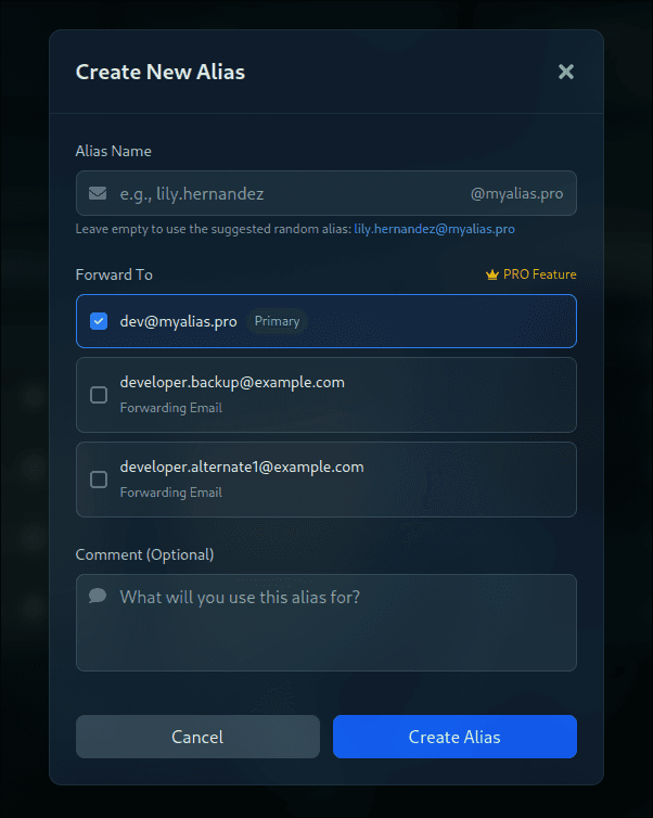 myalias.pro dashboard